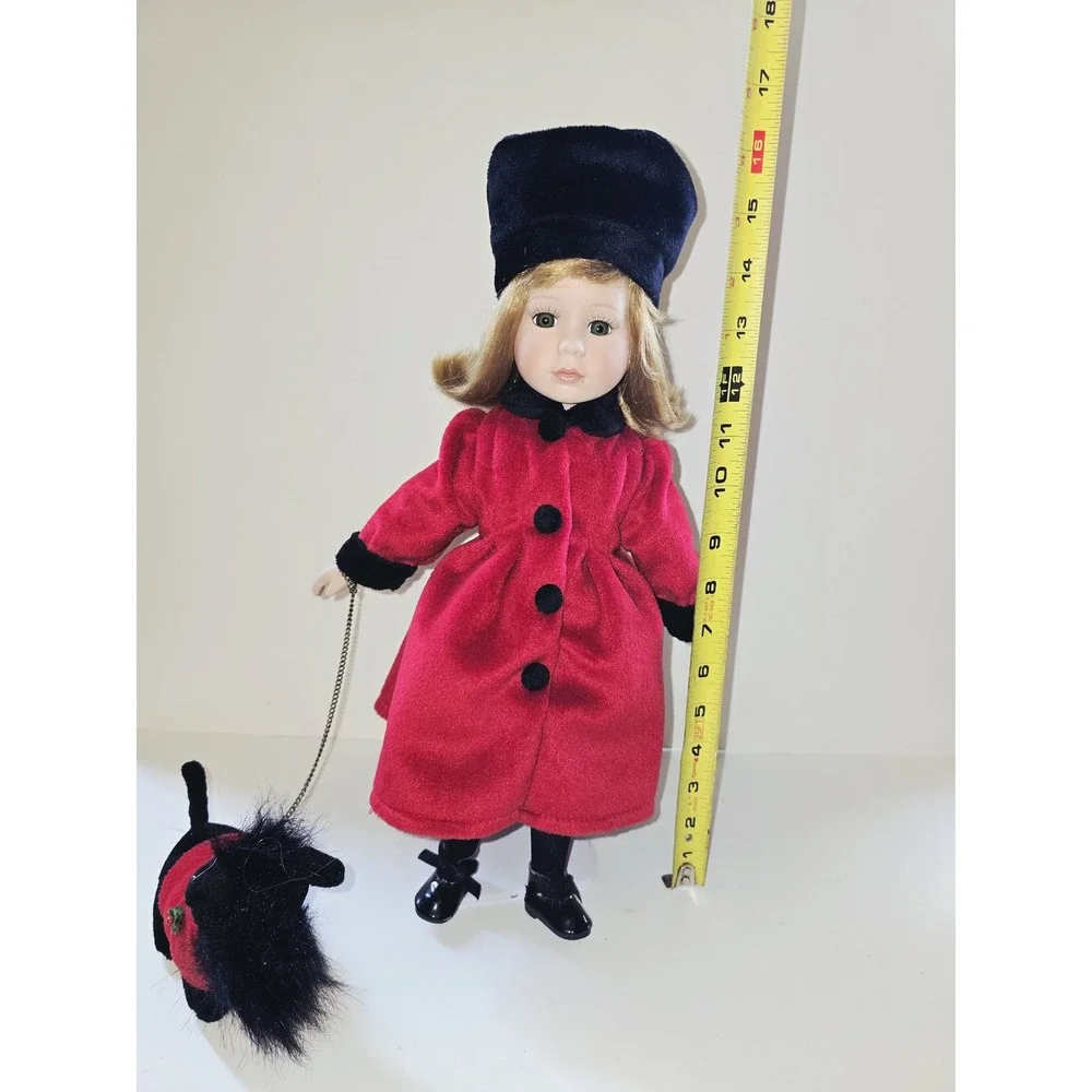 Avon 2000 Source of Fine Collectibles Porcelain Doll Red Coat Scottie Dog 16in